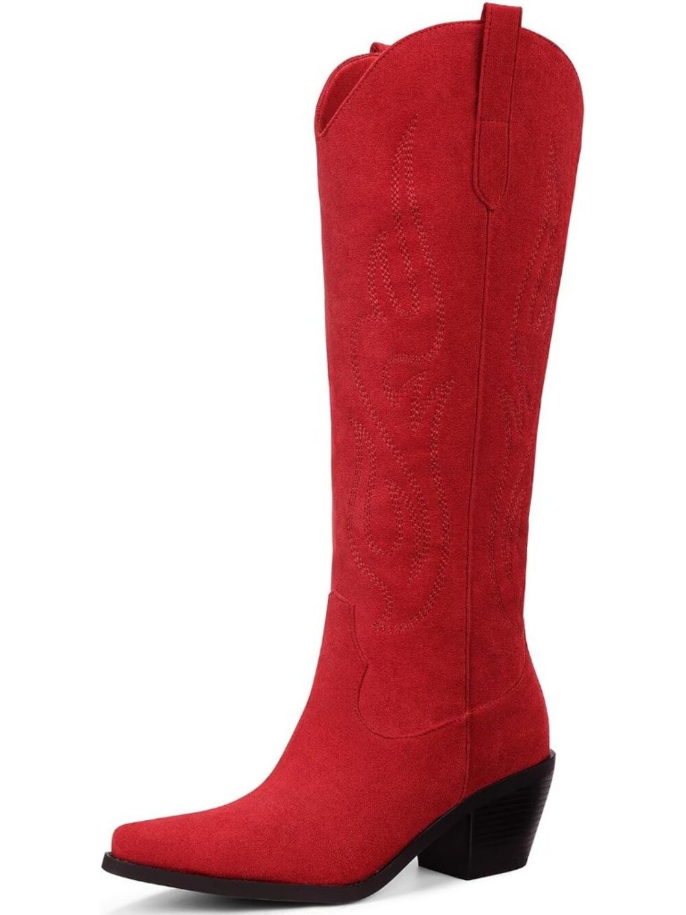 Women's Matte Red Pointed Toe Chunky Knee High Wide Calf Western Cowgirl Boot